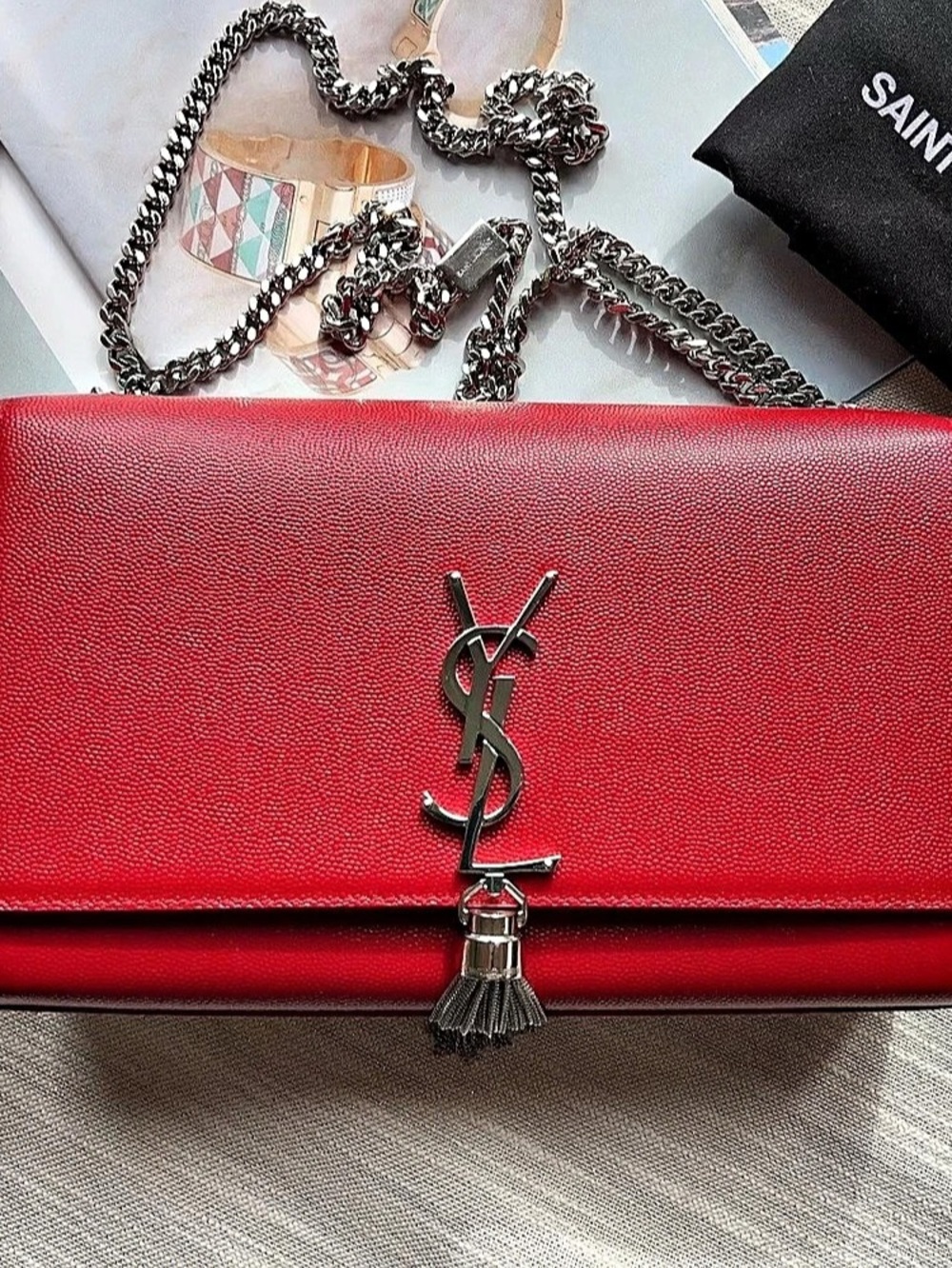 Saint Laurent Small Kate Tassel Satchel in Grain de Poudre Embossed Leather Red